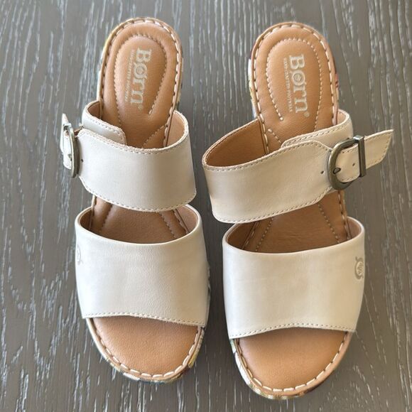 Born Women's Cream Leather Floral Print Buckle Wedge Comfortable Sandals Size 7M - Picture 2 of 12